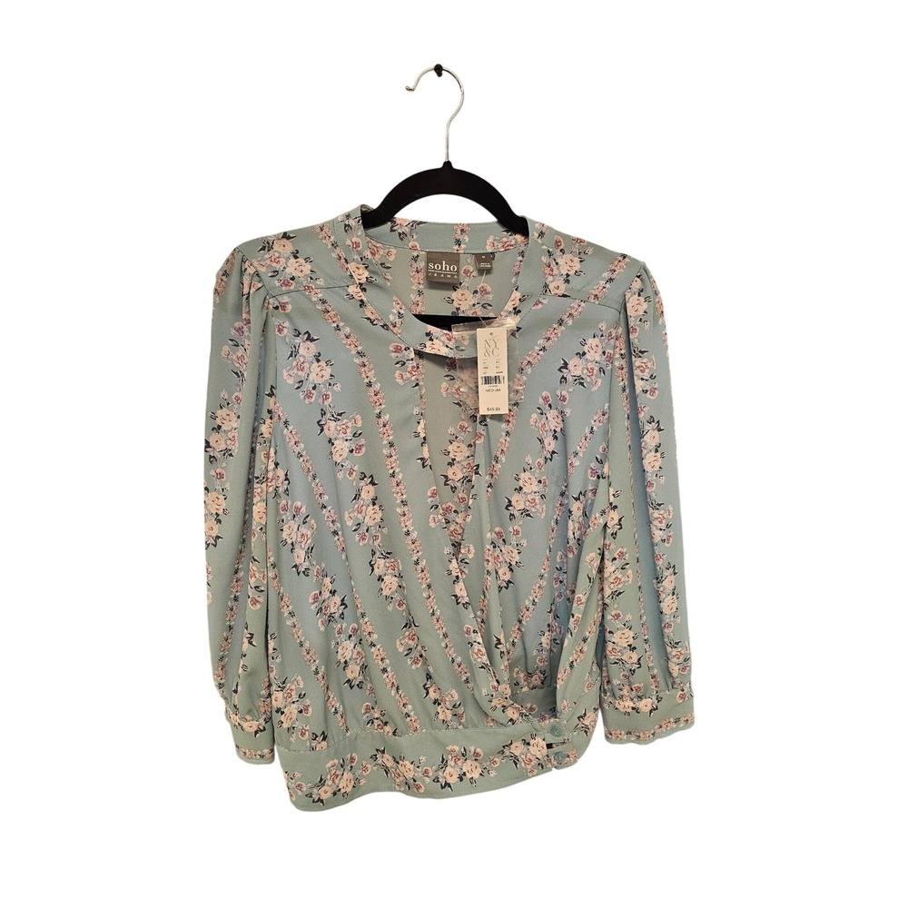 New York & Co Soho Jeans Floral Surplice Blouse Blue Pink Rose Medium NWT